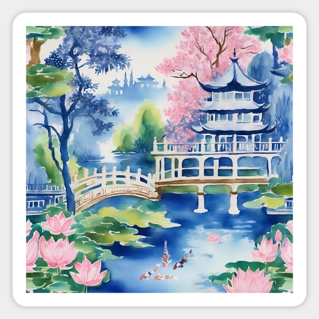 Chinoiserie landscape with koi fish and lotus flowers Sticker by SophieClimaArt